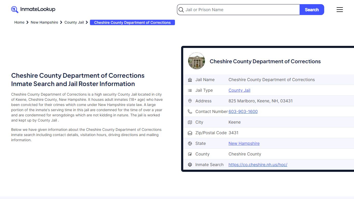 Cheshire County Department of Corrections Inmate Search, Jail Roster ...